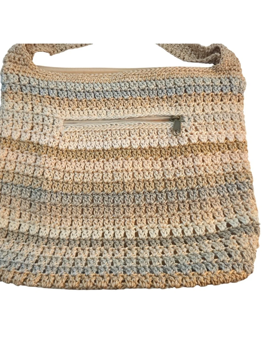 The Sak Crochet Hobo Shoulder Bag Neutral Striped Knit Boho Slouch Crossbody